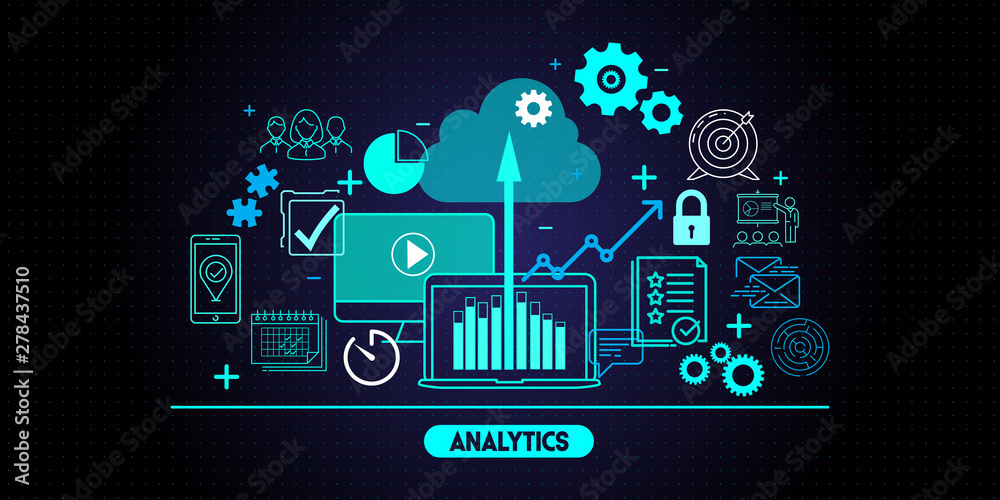 Aufkleber Business data analytics process management with KPI financial charts and graph and automated marketing dashboard.