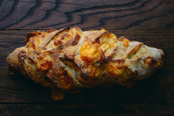 French homemade white bread with two cheeses top view space for text 