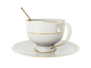 Antique white porcelain cup with gold, gold tea spoon on white. 3D Illustration