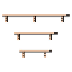 Three emply wooden shelves of different length isolated on white background.