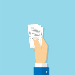 Hand holding bill. Vector illustration in flat style