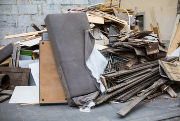 Heap of furniture waste outdoor - obrazy, fototapety, plakaty