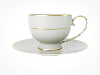 Isolated antique porcelain cup with gold on white background. 3D Illustration