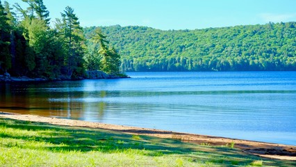 lake in forest with sandy beach
