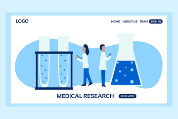 Medical web page concept. Web page design template of two doctors in front of giant test tube and flasks. Medical research. Modern vector illustration designs for website development.
