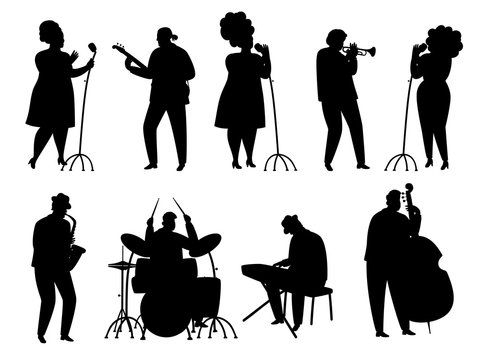 Black silhouette jazz musicians, singer and drummer, pianist and saxophonist. Illustration of musical people, guitarist and drum