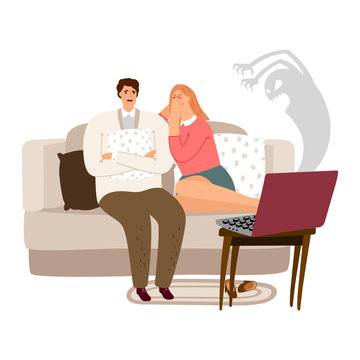 Scared Man And Woman Watching Horror Movie Vector Illustration. Woman And Man Watch Film And Sitting On Sofa