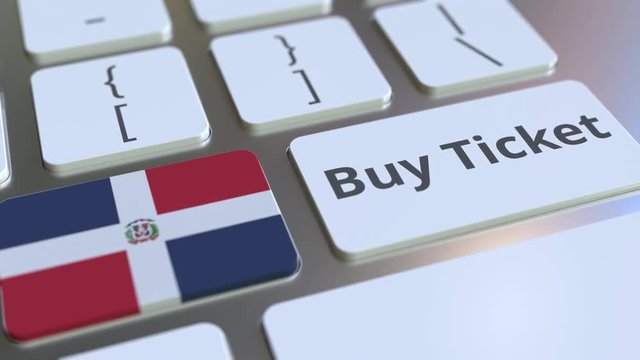 BUY TICKET text and flag of the Dominican Republic on the buttons on the computer keyboard. Travel related conceptual 3D animation