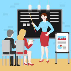 Flat manager woman instructing employees. Business coach teaching group, teacher training students. Businesswoman presentation on blackboard. Company education conference and leadership seminar