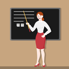 Flat woman pointing at blackboard. Teacher explaining students. Company education conference and leadership seminar. Coach speaking at business workshop