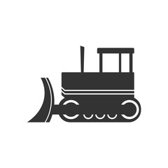 Bulldozer icon. Black silhouette of a tractor. Side view. Vector drawing. Isolated object on white background. Isolate.