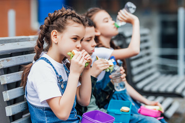 Three child eat, appetizing school lunch. Healthy school lunch: apple, juice, hamburger,...