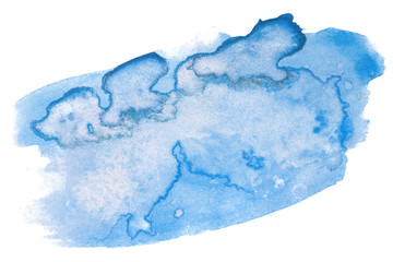 blue watercolor stain on white background isolated. Textured design element