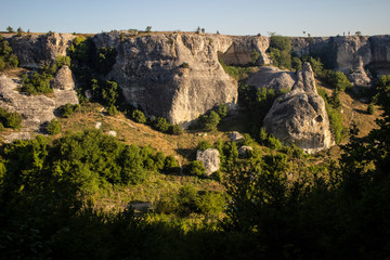 Gorge in the Crimea. Mountain landscape. An array of stones. Holidays in the mountains in the summer.