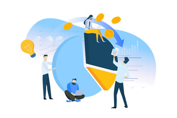 Flat design concept of analysis, planning, market research, finance, investment. Vector illustration for website banner, marketing material, business presentation, online advertising.