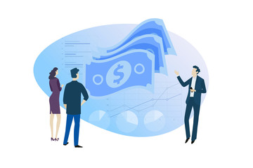 Flat design concept of financial advisor, investment, money market, forex trading. Vector illustration for website banner, marketing material, business presentation, online advertising.