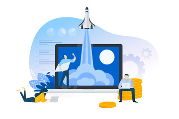 Flat design concept of startup, launch product or service. Vector illustration for website banner, marketing material, business presentation, online advertising.