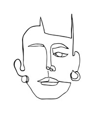 Modern poster with linear abstract woman face with earrings. Continuous line art. One line drawing. Minimalist graphic.