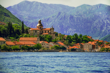 View of the historic town of Perast at famous Bay of Kotor on a beautiful sunny day