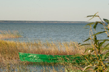 Boat on the lake. Large expanse of water. Landscape shooting. Lifeboat. Plants grow out of the water.