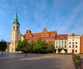 Fototapeta na wymiar Medieval Town of Torun in Poznan Area, panoramic image of Old Market Square with Holy Spirit Church