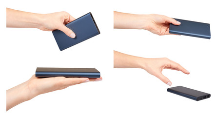 Hand with dark power bank, portable device, set and collection.