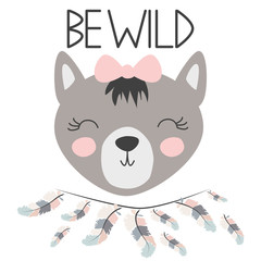 Cute sweet little wolf smiling face art. Lettering quote Be wild. Kids nursery scandinavian hand drawn illustration. Graphic design.