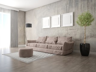 Mock up modern living room with large comfortable sofa and stylish hipster backdrop.