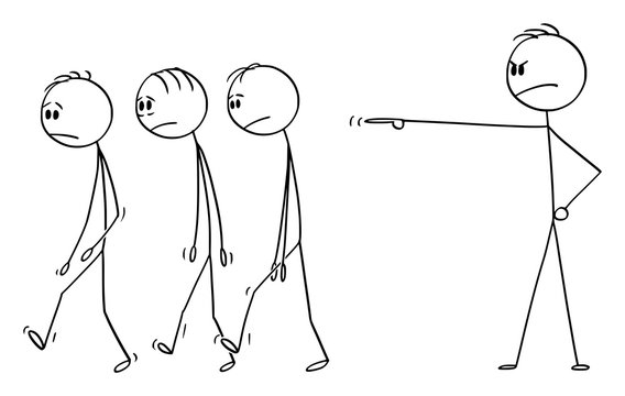 Vector cartoon stick figure drawing conceptual illustration of boss or businessman firing out or expelling away.