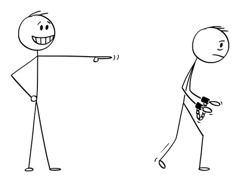 Vector cartoon stick figure drawing conceptual illustration of businessman making a mock or ridicule to man going to jail with shackles or handcuffs on hands.
