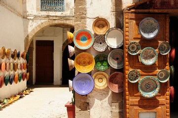 Colorful dish souvenirs for sale in a shop in Morocco