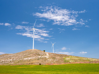 Wind turbines in the fields of Castilla y Leon in Spain.