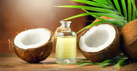 Coconut palm oil in a bottle with coconuts and green palm tree leaf on brown background. Coco nut closeup. Healthy food, skincare concept