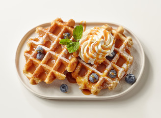 plate of belgian waffles dessert
