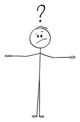 Vector cartoon stick figure drawing conceptual illustration of man or businessman balancing two things on his hands and thinking about. There is empty space for your texts.