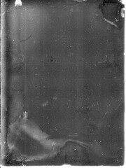 A real, black and white large-format spoiled photo with dust and scratches. Glass photographic...