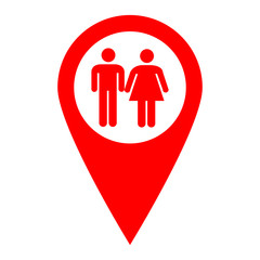 Red map pointer with toilets sign 