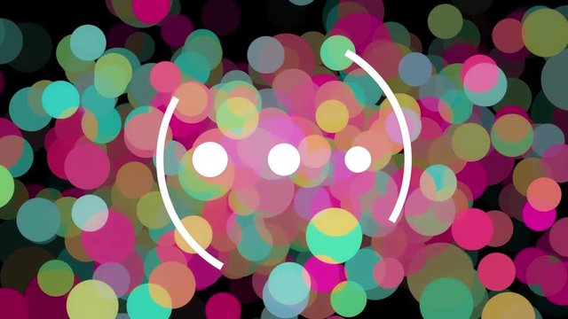 Abstract animation of white rotating spirals and blinking dots on the colorful particles or bubbles floating chaotically on the black background. Animation. Fireflies and bokeh effect