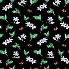 Watercolor seamless pattern with coffee flowers, berries and leaves.