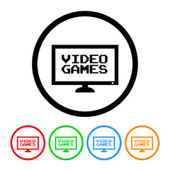 Video games icon vector video game tv television or computer screen gamer gaming sign circle symbol with four color variations vector illustration isolated on a white background