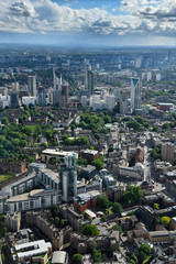 Aerial view of Strata SE1 and other Southwark highrise residential towers in central London England from The Shard