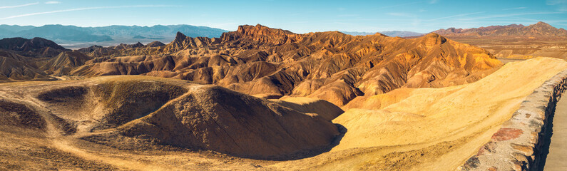 Panoramic View from Zabriskie Point out over the Golden Canyon Gower Gulch to Manly Beacon, Death Valley, California