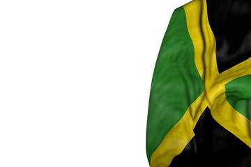 Fototapeta na wymiar wonderful memorial day flag 3d illustration. - Jamaica flag with big folds lay in left side isolated on white