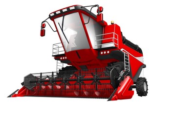 industrial 3D illustration of huge beautiful red rural combine harvester front view isolated on white
