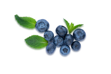 Closeup blueberry berries with mint leaves isolated on white background. Photo of blueberry for...