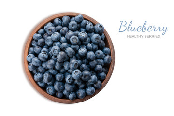 Closeup blueberry berries in a clay plate isolated on white background. Photo of blueberry for designers on the banner. Useful berries for sight