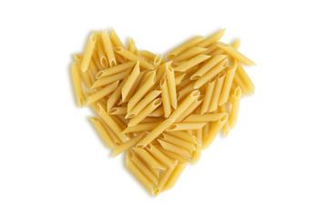Pasta from durum varieties laid out in the shape of a heart and isolated on a white background. I love to cook