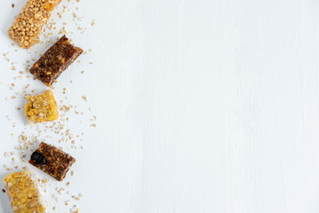 Granola for weight loss. Frame for text with cereal bars for weight loss. Energy bars with copy space