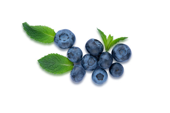 Closeup blueberry berries with mint leaves isolated on white background. Photo of blueberry for designers on the banner. Useful berries for sight