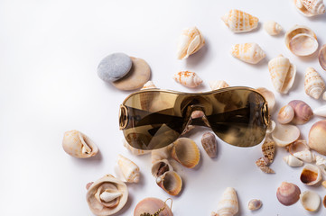 Obraz na płótnie Canvas fashion sun eyeglasses around marine shells at white background